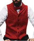 Мужской костюм бордовогокоричневого цвета, приталенный шерстяной твидовый жилет с зубчатым отворотом, для свадьбы, жениха, мужской повседневный жилет