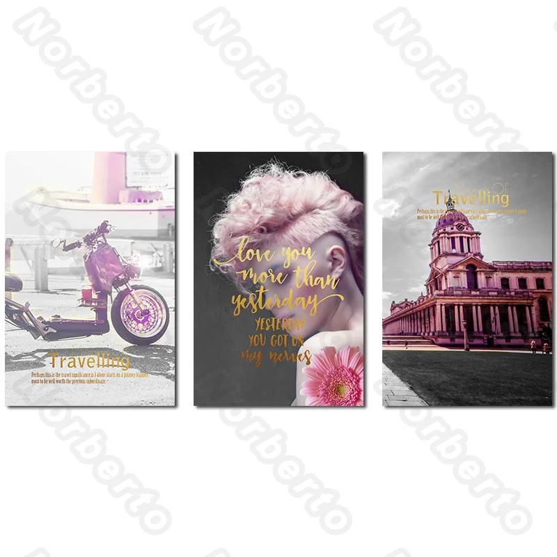 

Modern Style Canvas Painting Wall Poster Light Pink Color Motorcycle Fashion Boy European Architecture for Home Rooms Decoration