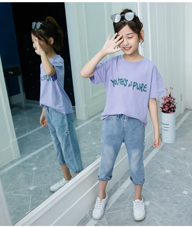 

DIIMUU Baby Girls Clothes Sets 2pcs Children Wear T-shirt + Jeans 4-13 Years Fashion Cartoon Tops Pants Kids Summer Outfits