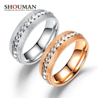 shouman sandblasted rose gold stainless steel crystal couple rings for women classic simple matte engagement wedding jewelry