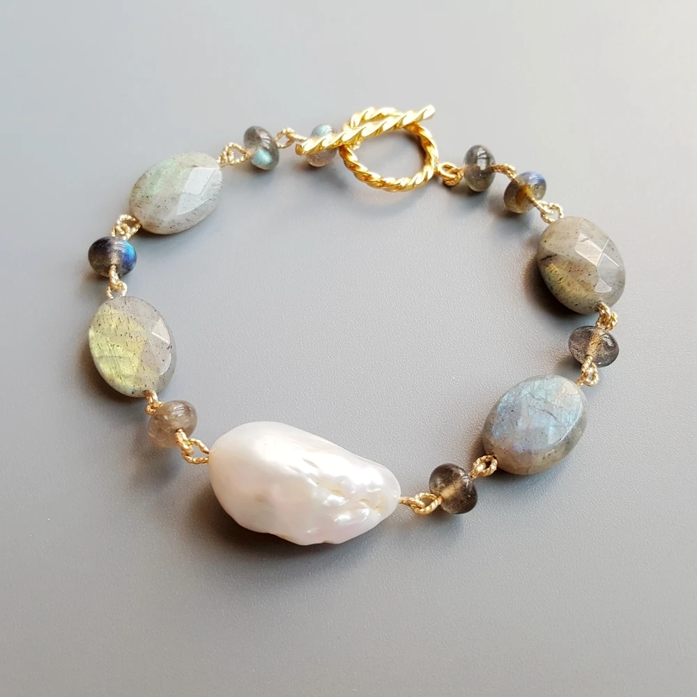 

LiiJii Unique Geniune Labradorite Baroque Pearl S925 Sterling Silver Gold color Handmade Bracelet Delicate Jewelry For Women