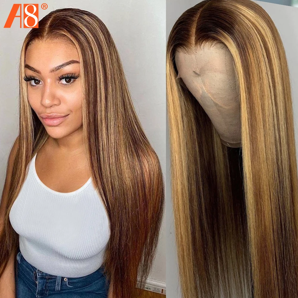 

13x1 Lace Part Straight Highlight Wig Human Hair Honey Blonde Ombre Brown Brazilian Remy Short Long Wigs For Black Women