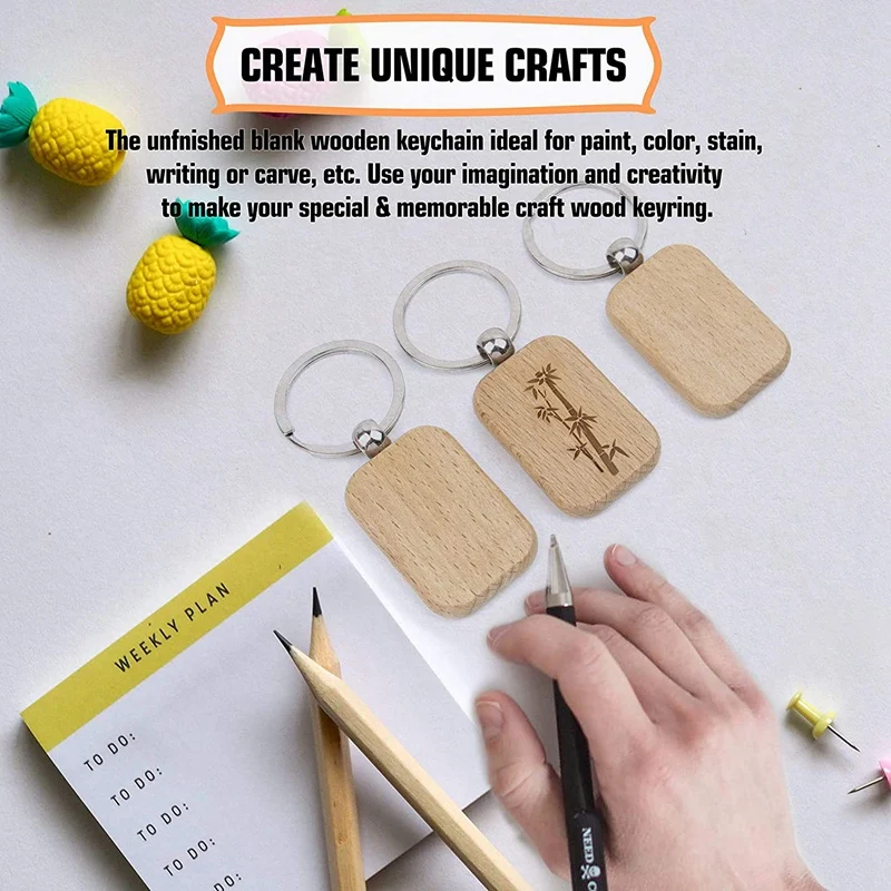 60Pcs Blank Rounded Rectangle Wooden Keychain Diy Key Tag Can Be Engraved Gift | Chains