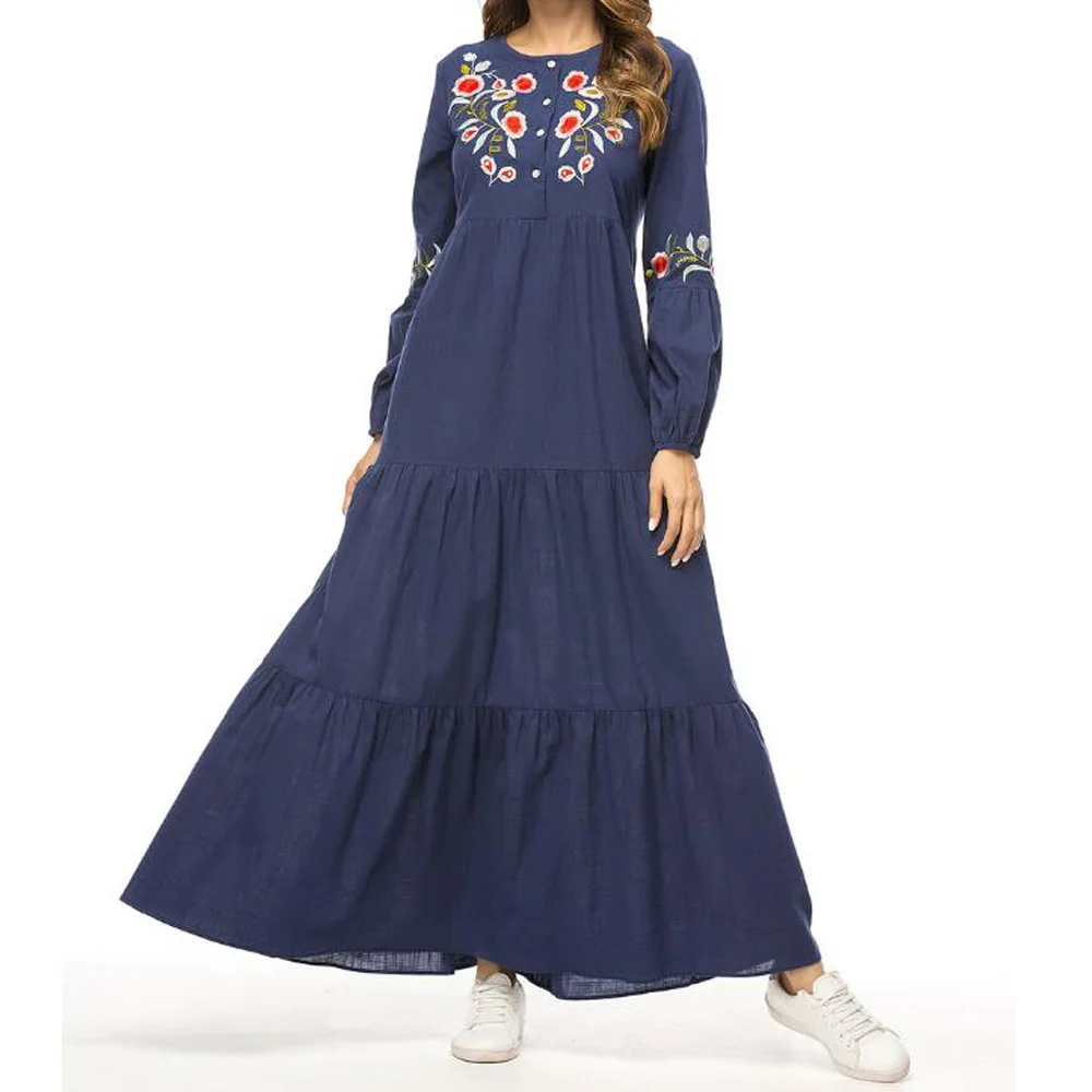 Plus Size Loose Kaftan Dress Vintage Floral Embroidery Muslim Maxi Long Sleeved Large Women Robe Longue Femme | Женская одежда