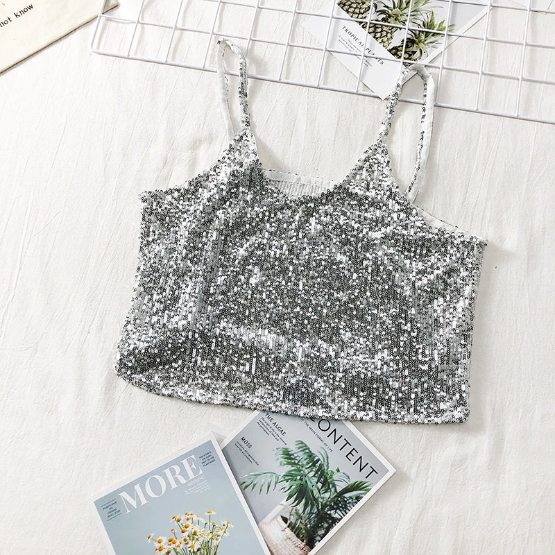 silver tops MUMUZI, лето, новинка, расшитые блестками топы-спагетти, шикарные блестки, бамбук, хлопок, черная футболка, женская, без рукавов, для ночного клуба, укороченный топ - Цвет: silver tops