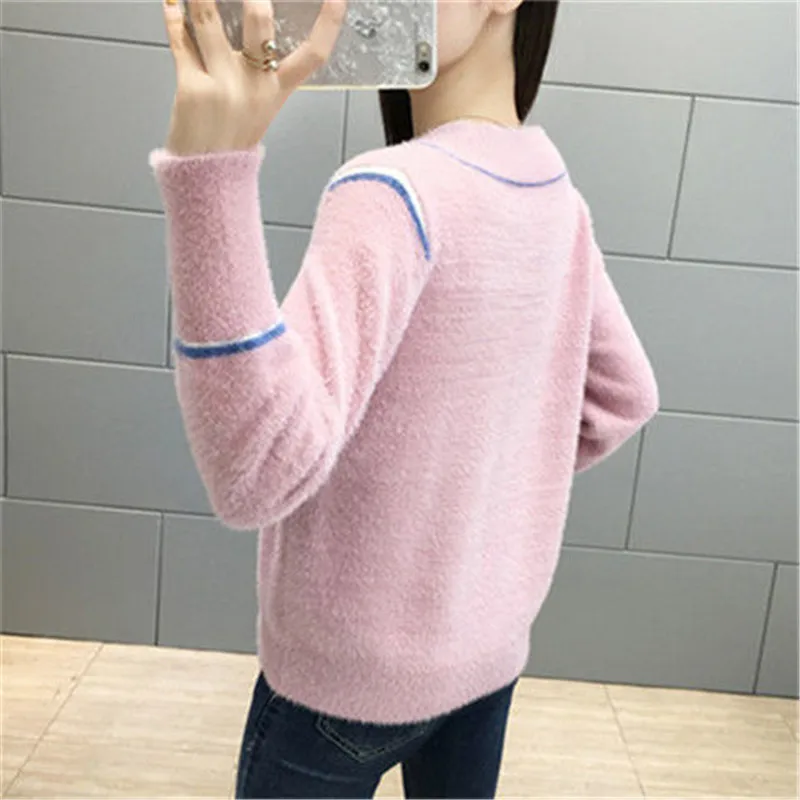 Women Candy Colors Sweaters Fashion Autumn Winter Warm Mohair V-Neck Pullover Long Sleeve Casual Sweater Knitted Tops | Женская одежда