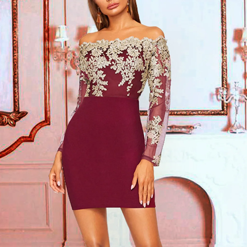 Женское платье Осень-зима элегантное длинный рукав сплошной цвет кружевное