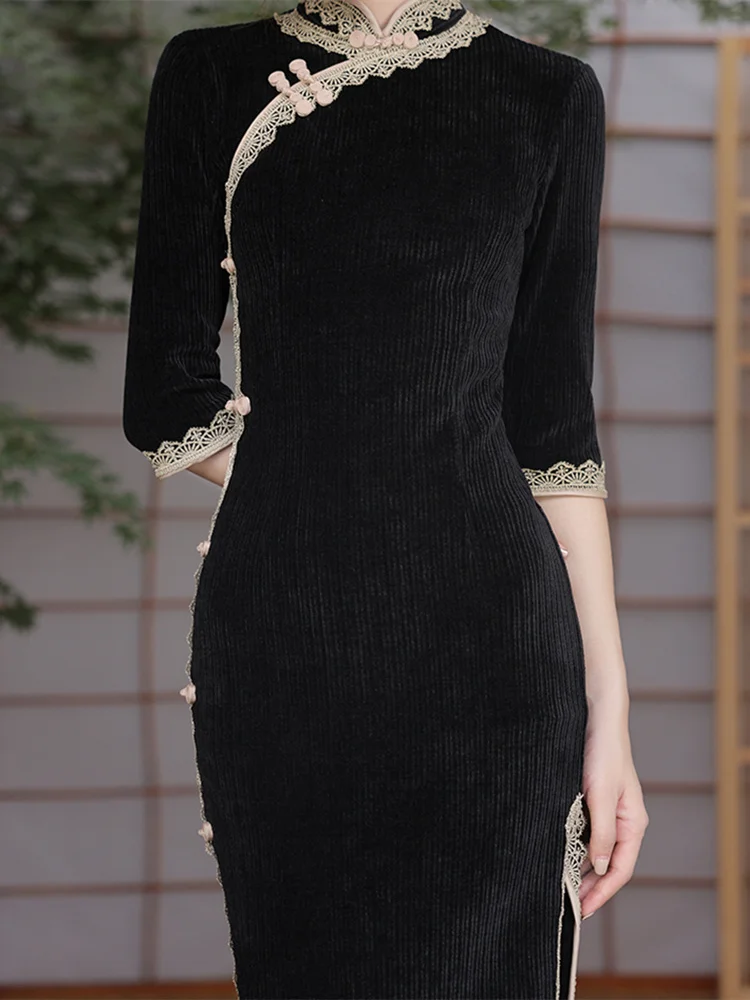 Женское черное платье в винтажном стиле традиционное китайское Ципао с коротким