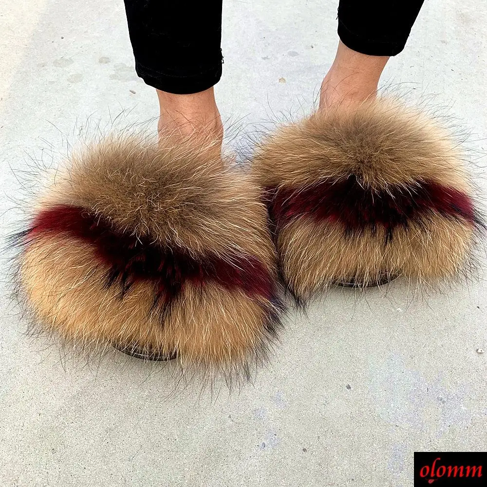 

Summer multicoloured Fox Fur Slippers Real Fur Slides Female Indoor Flip Flops Raccon Fur Sandals Furry Fluffy Plush Shoes