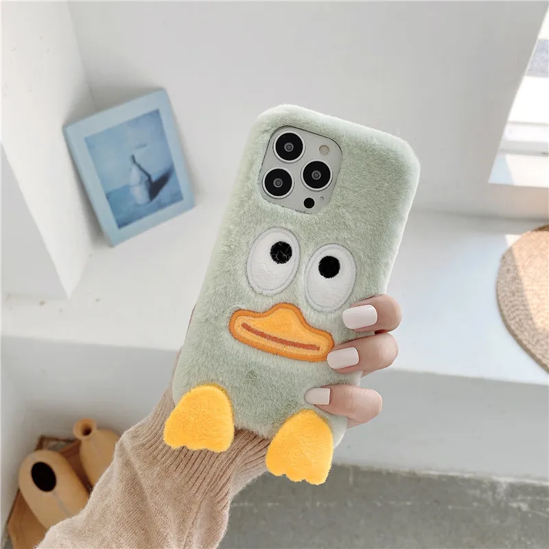Теплый плюшевый чехол для телефона iPhone 13 mini 11 12 Pro XS Max XR X милый пушистый с утиным