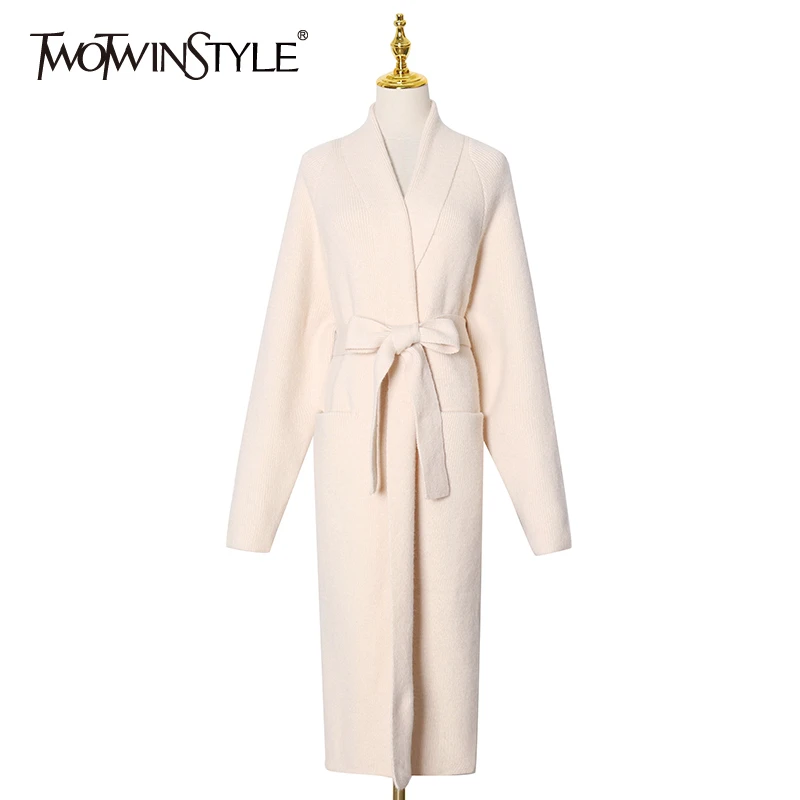 

TWOTWINSTYLE Loose Tweed Sweater For Women V Neck Long Sleeve Lace Up Bowknot Korean Solid Knitted Cardigans Female 2020 Fashion