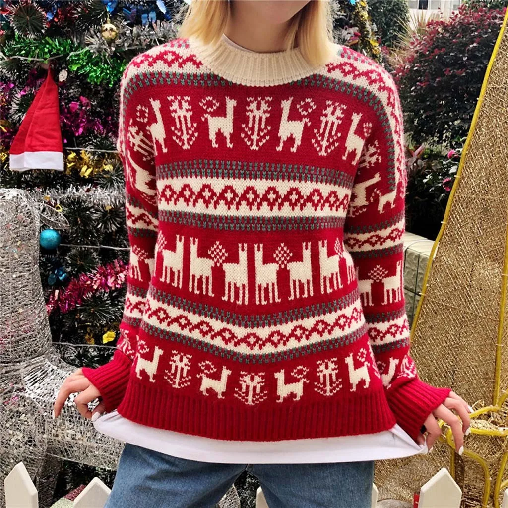 Женский Рождественский свитер вязаный пуловер с круглым вырезом и длинным