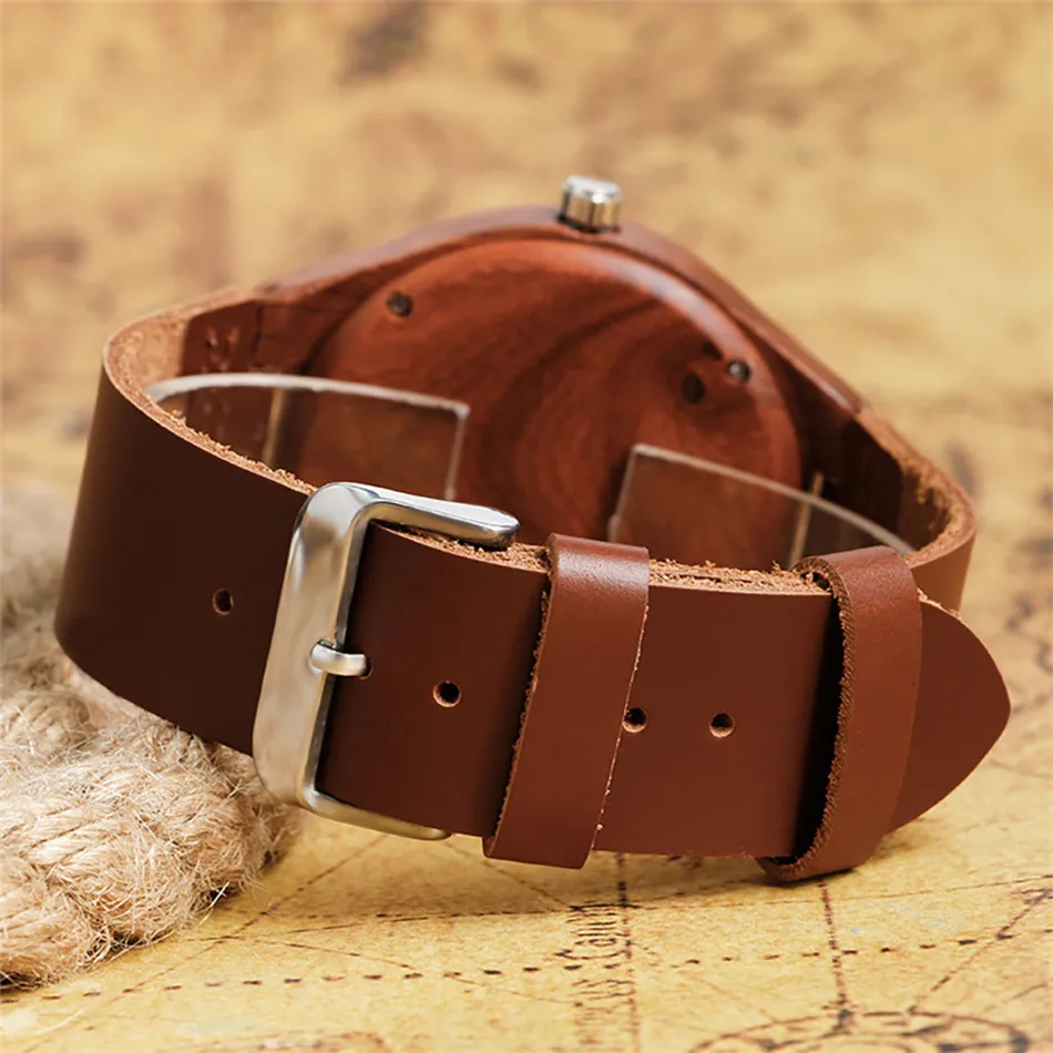

Vintage Red Wood Men Watches Black Analog Display Quartz Genuine Leather Wristwatch Natural Stylish Wooden Quartz Timepiece
