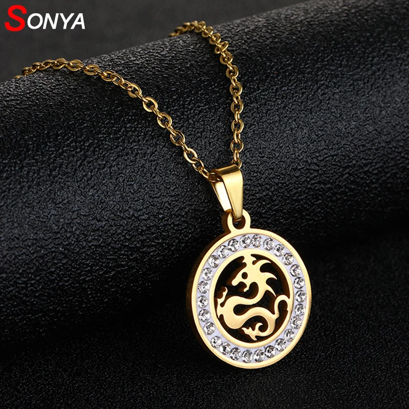 SONYA Dragon Necklace Gold Color Bijoux Imitation Crystal Statement Necklace Women Fashion Pendant Stainless Steel Jewelry