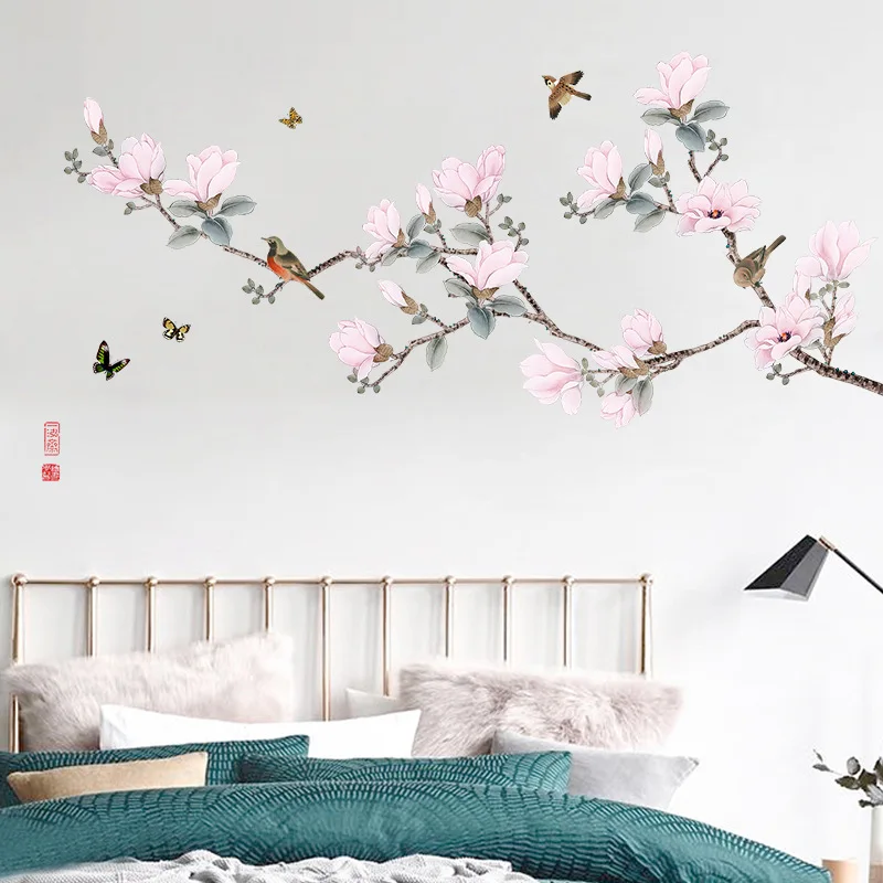 

Flowers Wall Stickers Chinese Style Tree Bird Home Decor for Sofa TV Home Decals for Bedroom Living Room
