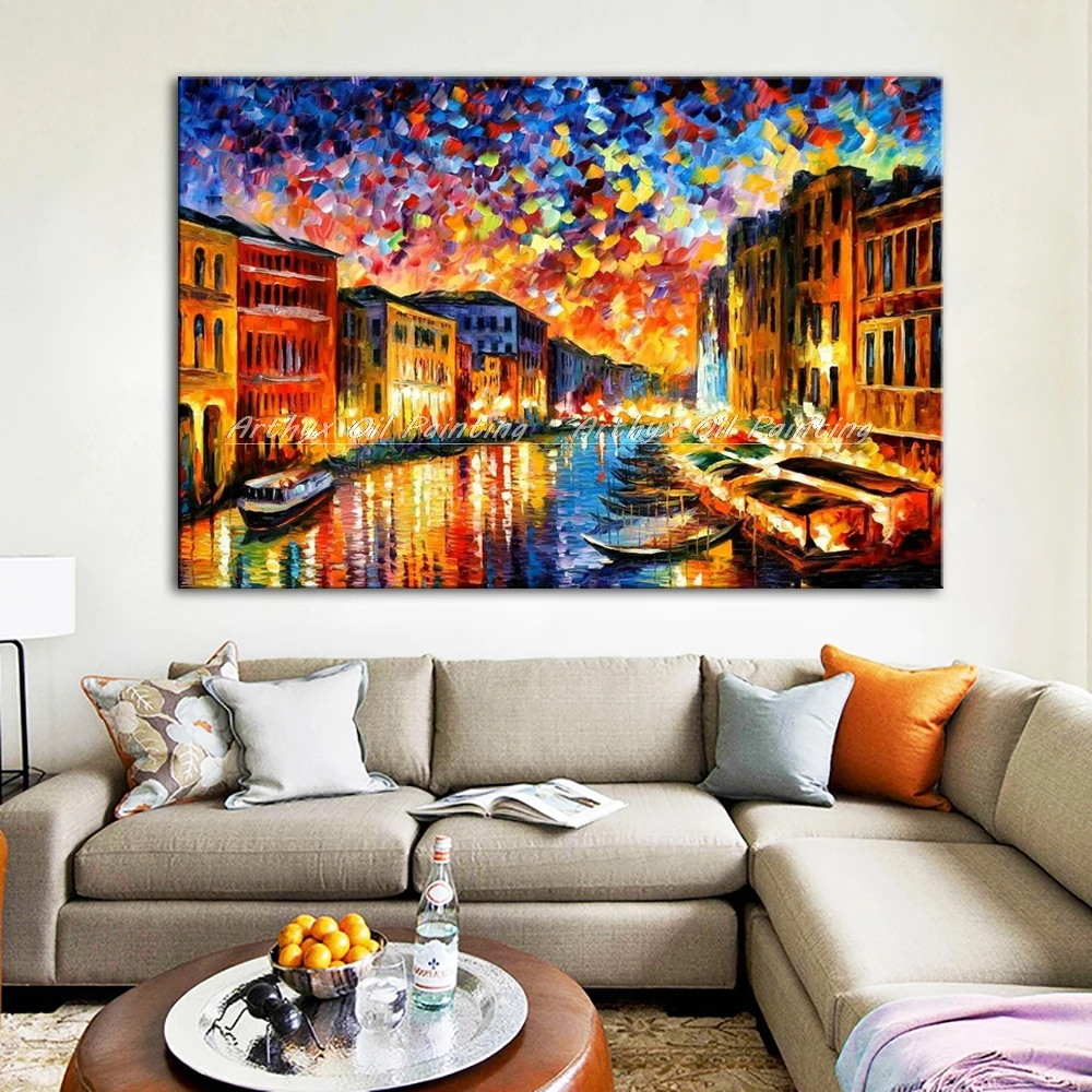100% ручная роспись абстрактные городские лодки палитра нож Толстая картина