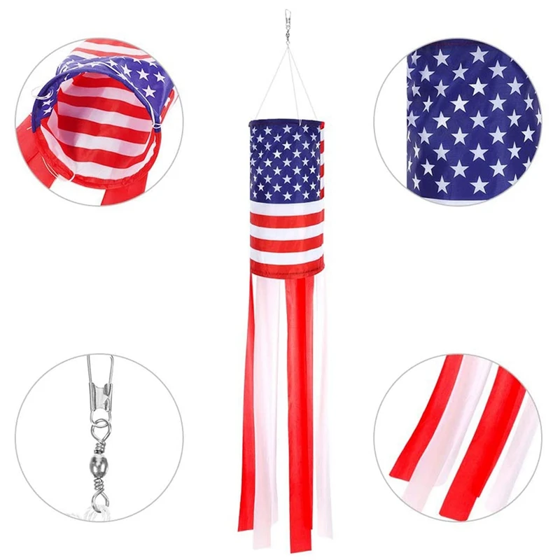 

4 PCS American Flag WindSock Outdoor Flag Windsocks with Embroidered Stars and Sewn Stripes, Hanging Decoration