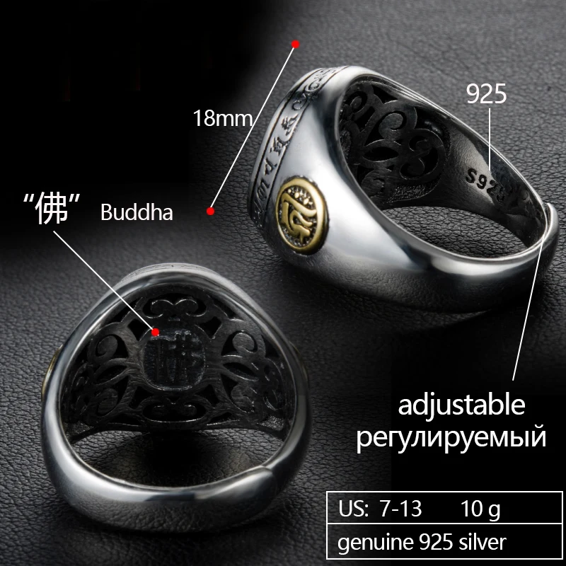 ZABRA Buddha Real 925 Silver Rings For Women Men Chinese Zodiac Patron Saint Vintage Mens Signet Ring Adjustable Biker Jewelry