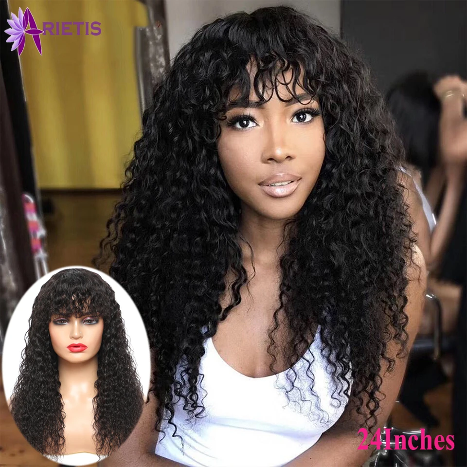Jerry Curly Human Hair Wigs Full Indian Remy Machine Wig With Bangs 8&quot-24&quotInches Natural Black For Women | Шиньоны и парики