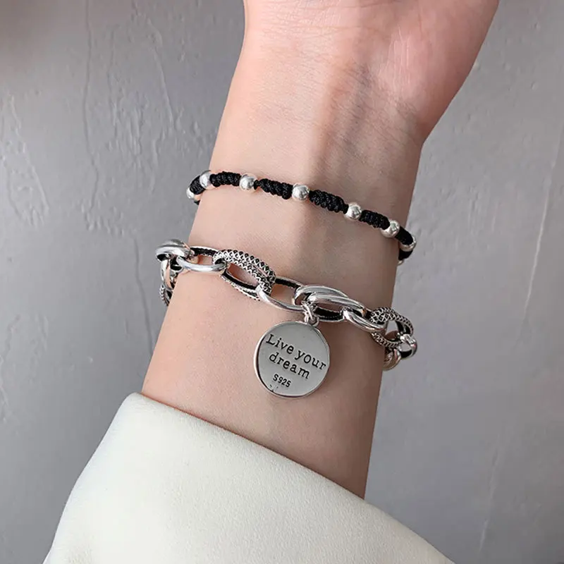 

Todorova Korean Thick Chain Tassel Pendant Bracelet Women Retro Vintage Silver Color Round Letter Bracelet Female Jewelry