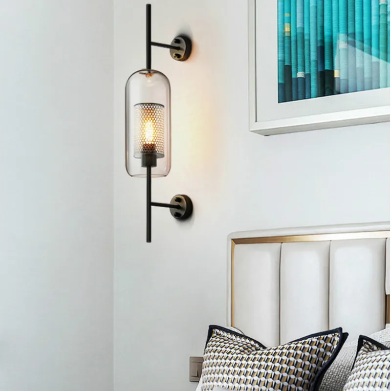 

Industrial Wind Wall Lamp Retro living room bedroom corridor bedside creative glass can light luxury balcony iron mesh wall lamp