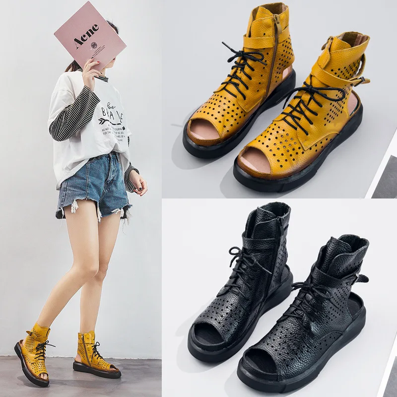 

CEYANEAO 2020 Fashion Ladies Sandals Hollow Out Gladiator Sandals Women Flats Open Toe Genuine Leather Summer Cool Boots