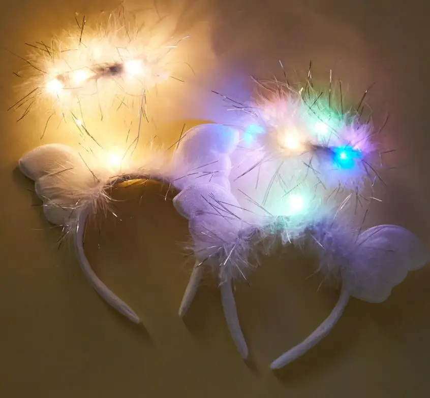 Light Up LED Angel Halo Headband Glowing Headwear White Feather Christmas Fancy Dress Party Costume Hair Accessory 50pcs/lot