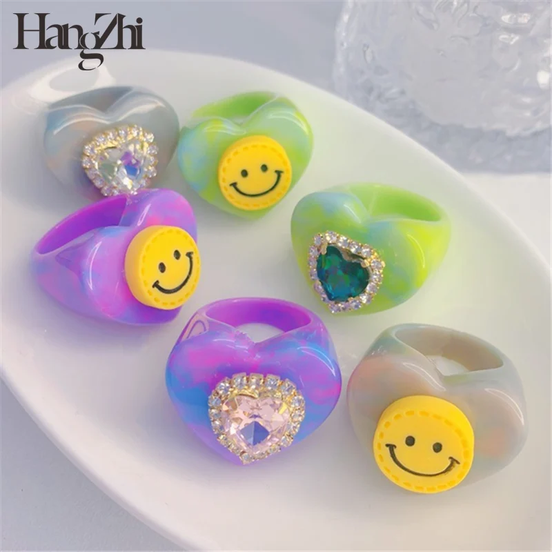 

HANGZHI 2021 New Colorful Rhinestone Love Heart Smiley Blooming Acrylic Resin Rings for Women Girls Summer Party Jewelry Gifts