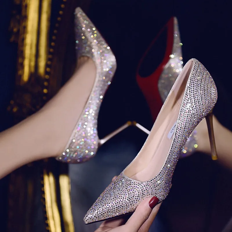 

Women Sexy Party Night Club Wine Red Crystal Glitter Stiletto Heel Shoes Lady Cute Sweet Silver Heels Sapatos Femininas G9253