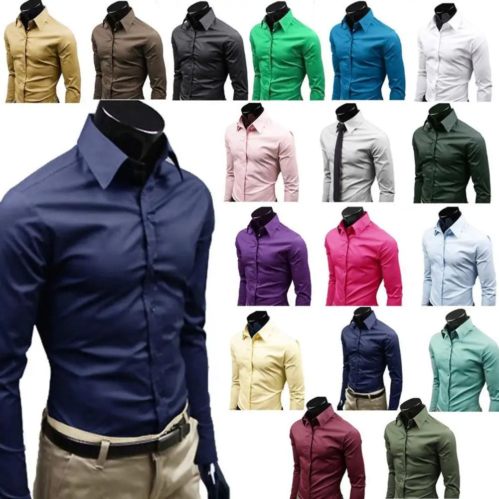 

Men Shirts Stylish Casual Solid Color Fashion Dress Shirt Long Sleeve Business Top 2021