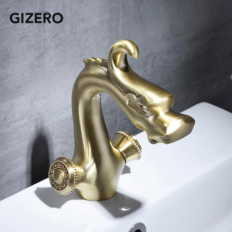 Solid Brass Sink Faucet Brushed Golden Dragon Style Dual Handle Elegant Washbasin Vessel Mixer Taps ZR510 | Обустройство дома
