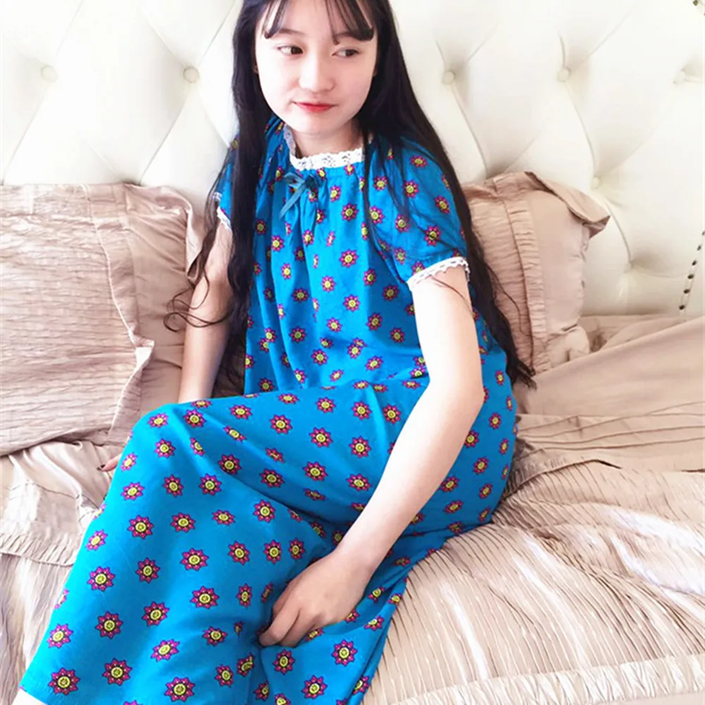 Женская хлопковая ночная рубашка Цветочное платье для сна с длинным рукавом