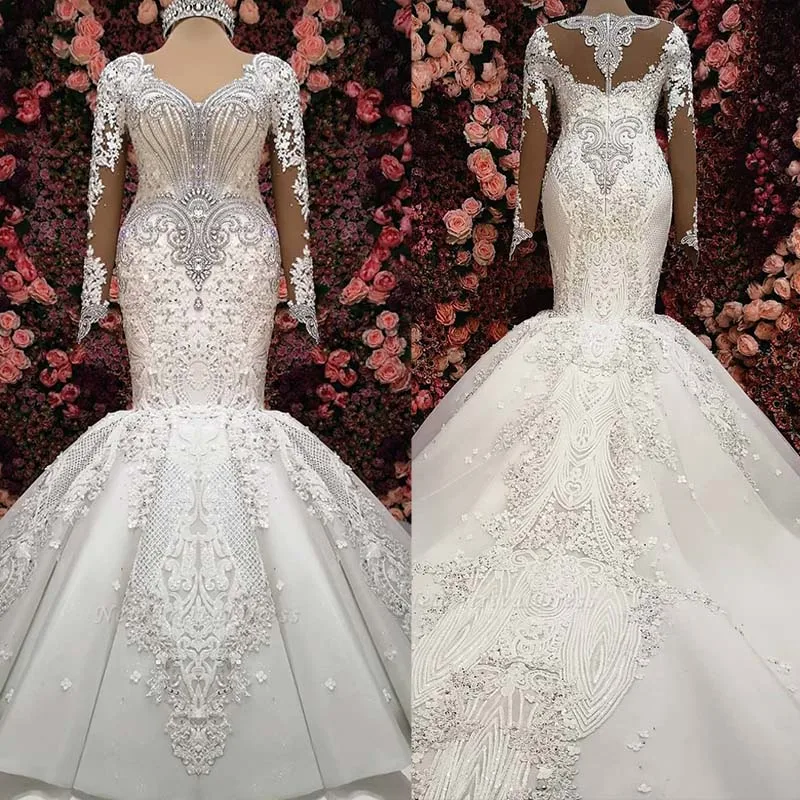 Vestidos De Noiva Гламурные Кристаллы Русалка свадебное платье сексуальные v-образным вырезом с длинными рукавами Свадебные платья