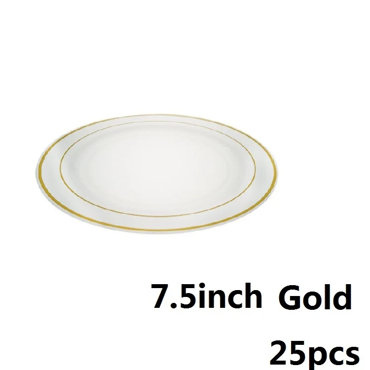 Gold 7.5in 25 шт., одноразовые пластиковые вечерние тарелки с золотым ободком, сверхпрочные тарелки, десертная закуска, поднос на свадьбу, день рождения, розовое золото - Цвет: Gold 7.5in