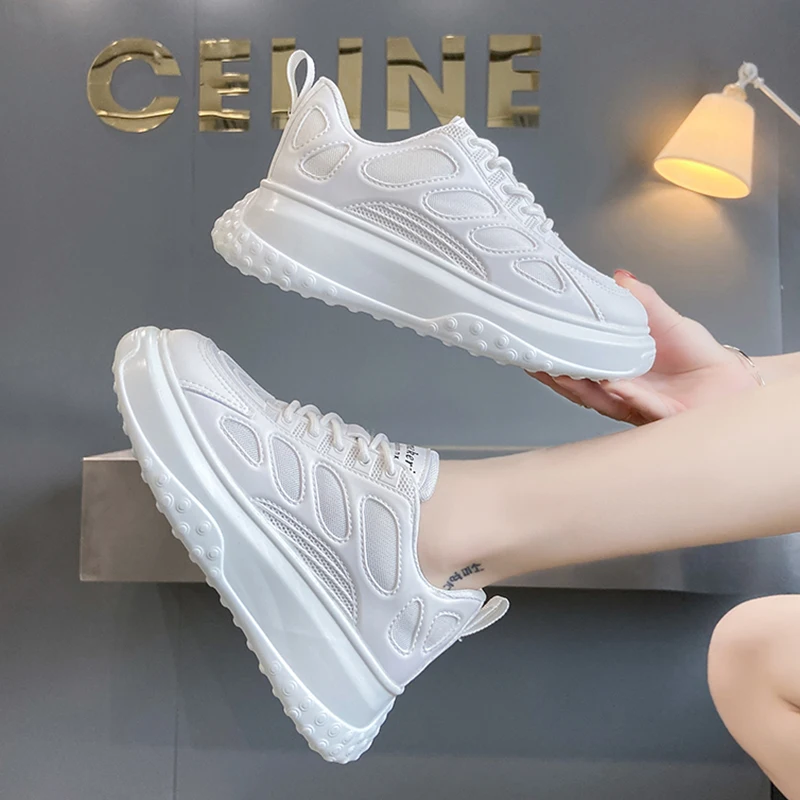 

Rimocy White Women Lace Up Mesh Sneakers Chunky Platform Casual Shoes Woman Thick Bottom Running Waking Sport Shoes Ladies Flats