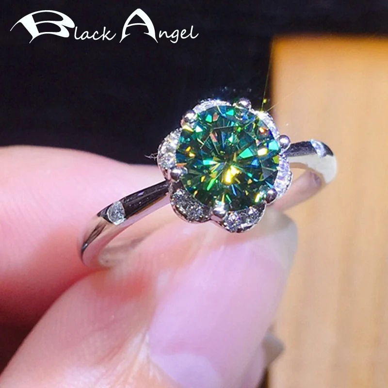 

BLACK ANGEL Fashion 925 Silver Flower Shaped Green Blue Gemstone Adjustable Ring For Women Jewelry Dropshipping Wedding Gift
