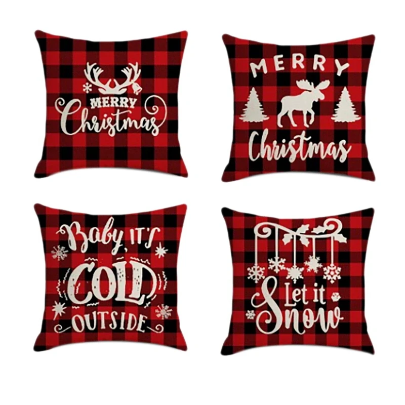 

4Pcs Christmas Pillowcase Santa Square Economic Home Decor Linen Pillow Cases Cushion Covers for Sofa Car Gift 45X45cm