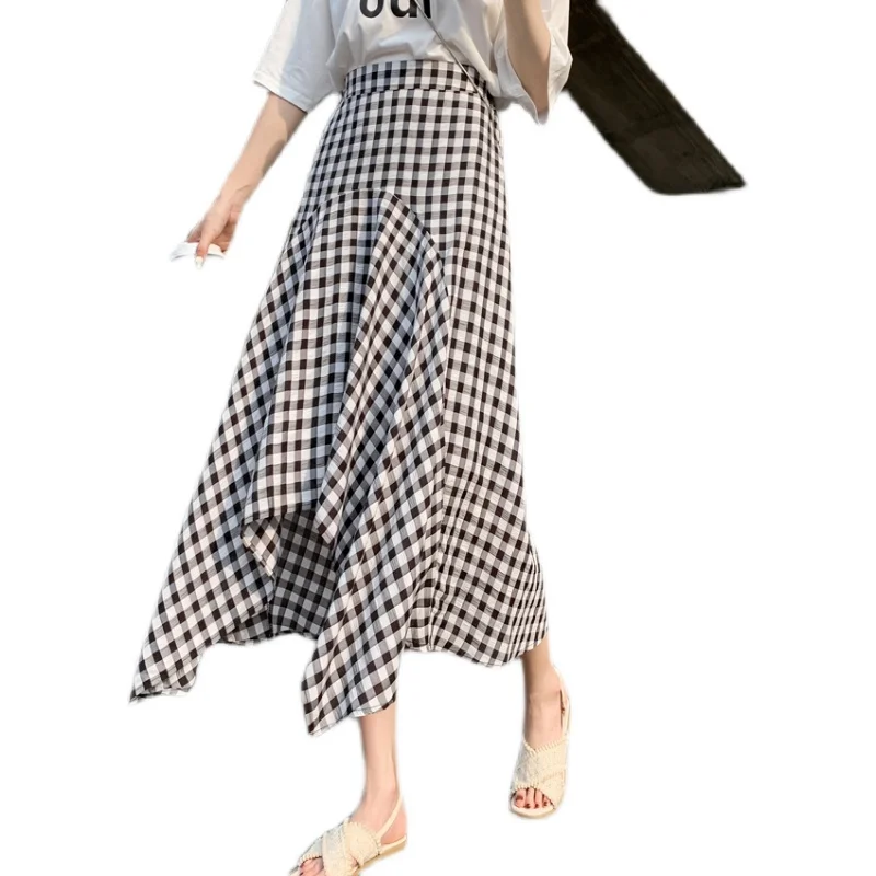 

Skirts Womens Vintage Pleated Elastic Waist High Waist Plaid Skirt Women Summer Casual Female Asymmetrical Midi Skirt Streetwear
