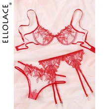 Ellolace Lace Underwear Women Sexy Lingerie Set Transparent Erotic Lingerie 3 Piece Set Bra with bone Underwear For Women