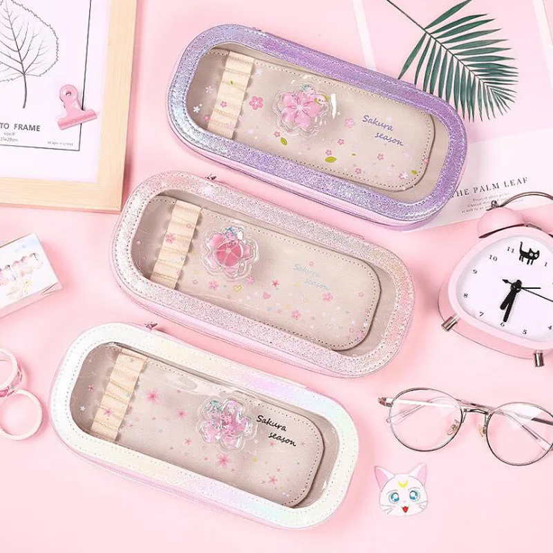 Кавайный чехол для карандаша и сверкающим узором сыпучего песка масла ПВХ пенал