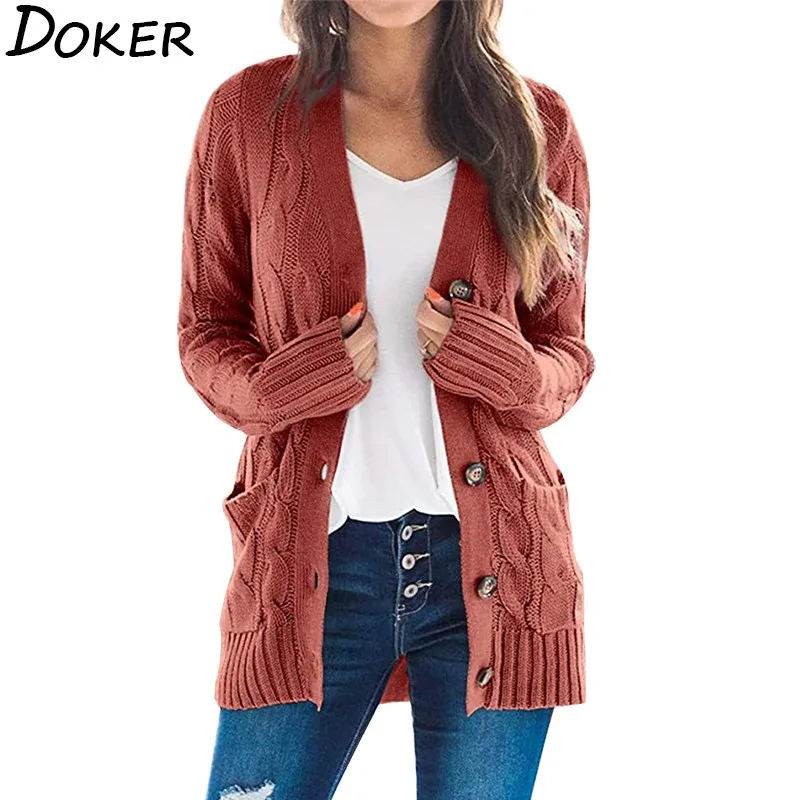 

Autumn Winter Warm Cardigan Women Long Sleeve Plus Size Pocket Ribbed Knitted Sweater Fashinon Vintage Long Cardigan Coat Femme