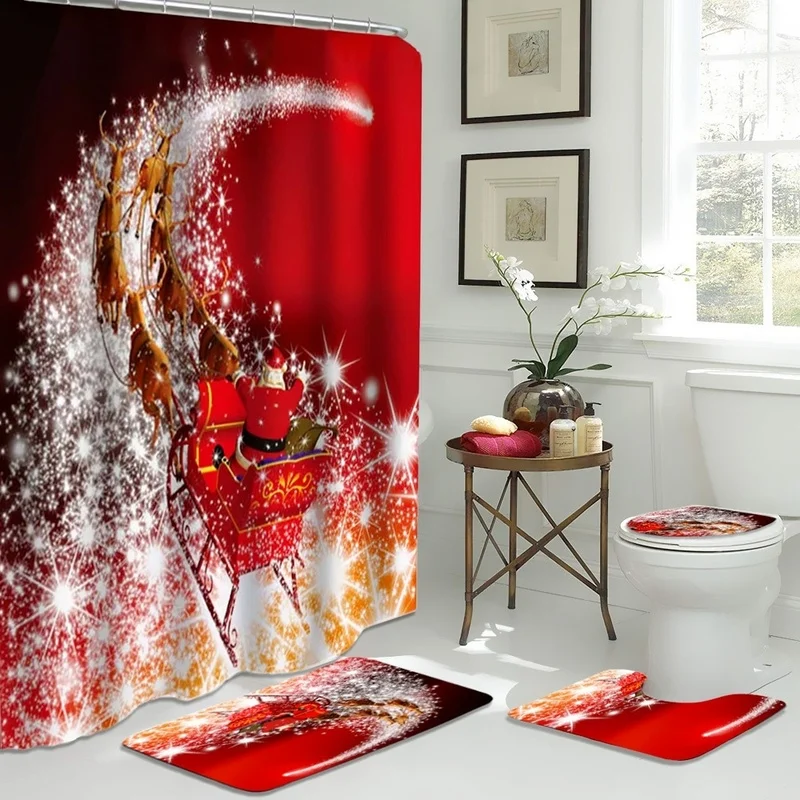 

180*180cm 3D Glitter Christmas Santa Claus Reindeer Waterproof Shower Curtain Toilet Seat Set Bathroom Decoration