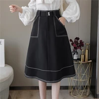 2020 new fashion hit color high waist skirt women spring summer a line knee length skirts blackbeige female elegant skirt