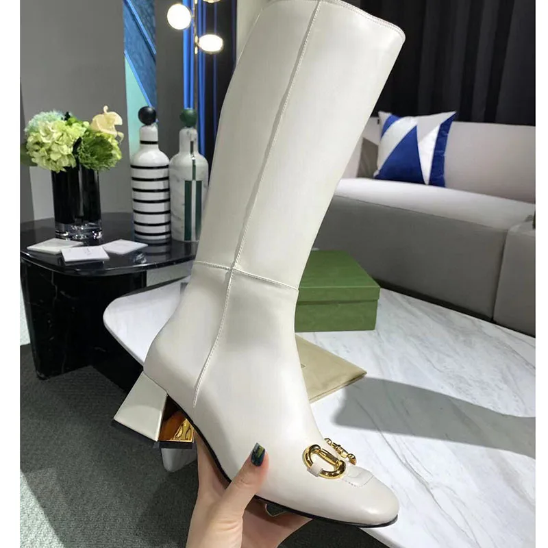 

Brand New Genuine Leather Women Ankle Boots Zipper Simple Luxury Ladies Long Short Boot Shoes Metal Decor Square Toe Black White