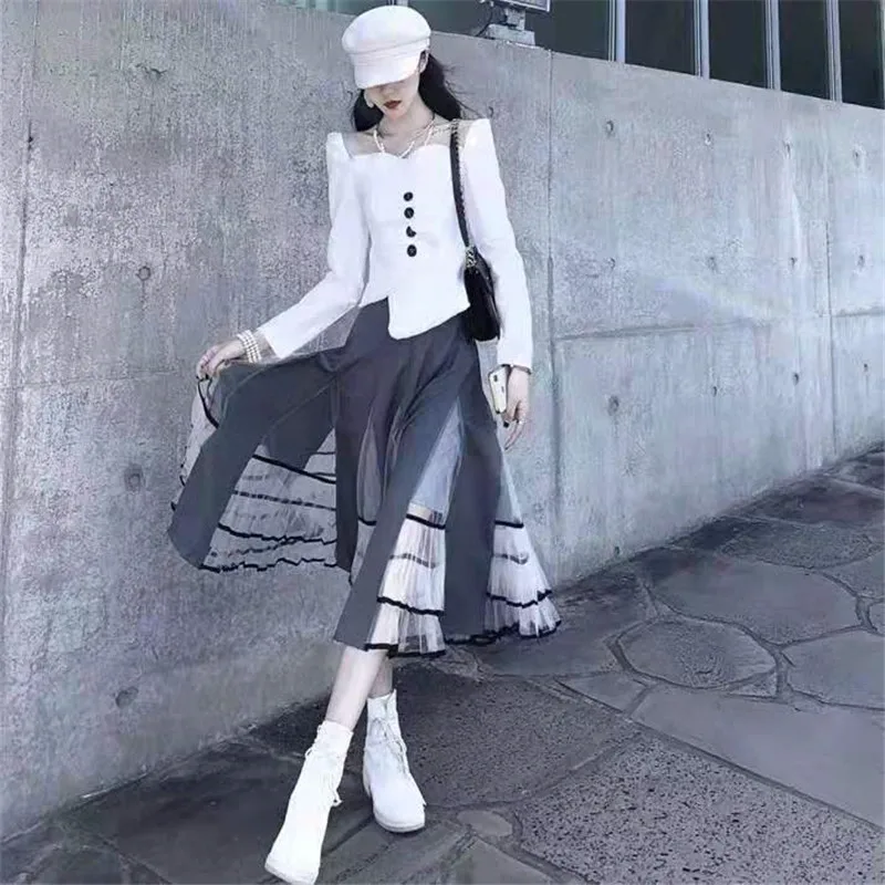 

Female Patchwork Casual Clothes Streetwear Vintage Gothic Black Long Mesh Skirt Fashion Women Lolita Elastic High Waist Skirt