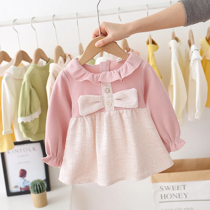 Весеннее плиссированное платье пачка с длинным рукавом и бантом для маленьких