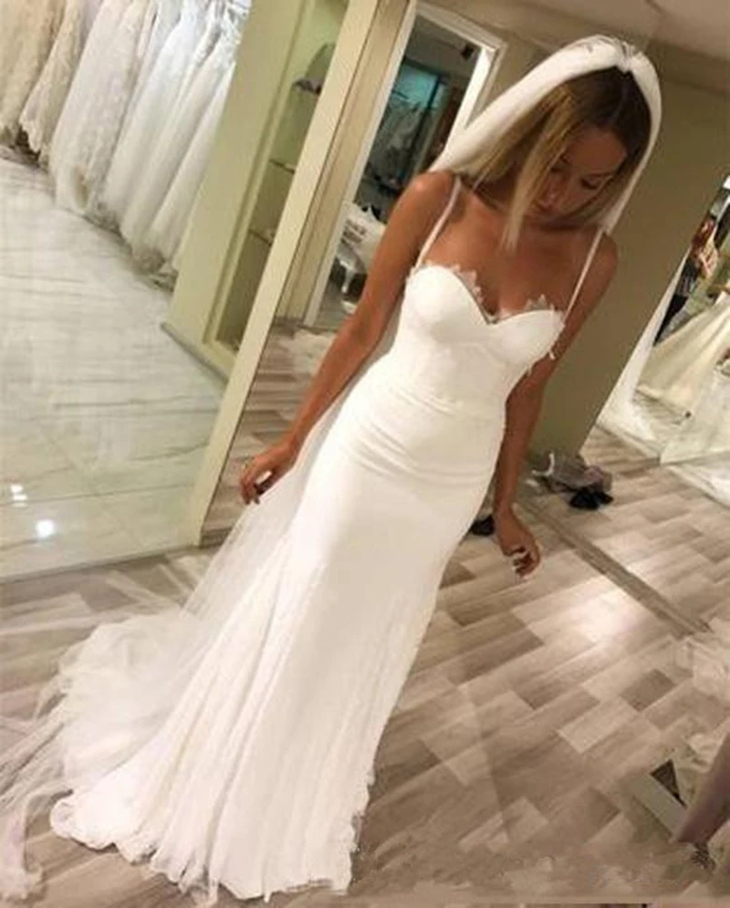 

2020 Long Spaghetti Beach Mermaid Wedding Dress With Sleeveless Sweep Train Boho Bridal Dress Wedding Gown Custom Made