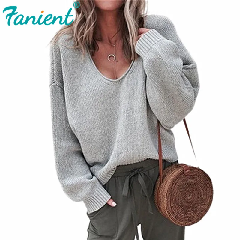 

Casual Knitted Sweater Women Streetwear V Neck Long Sleeve Pullovers Loose Solid Coat 2019 Autumn Winter Fashion Women's Sweater
