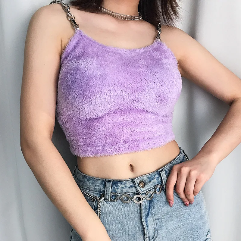 Women Sexy Furry Strap Metal Chain Camisoles Tank Tops Cotton Solid Purple High Street Slim Short Vests Haut Femme | Женская одежда