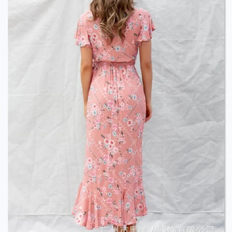 

Summer Elegant Print Women Slim Dress 2020 Fashion Casual V-neck Ruffles Irregular Maxi Dress